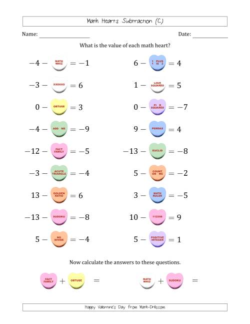 The Math Hearts Subtraction with Differences from -9 to 9 and Missing Subtrahends from -9 to 9 (C) Math Worksheet