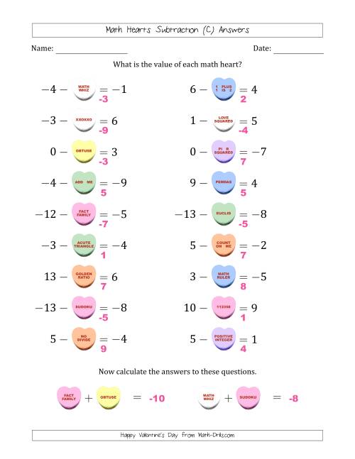 The Math Hearts Subtraction with Differences from -9 to 9 and Missing Subtrahends from -9 to 9 (C) Math Worksheet Page 2