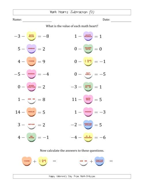 The Math Hearts Subtraction with Differences from -9 to 9 and Missing Subtrahends from -9 to 9 (D) Math Worksheet