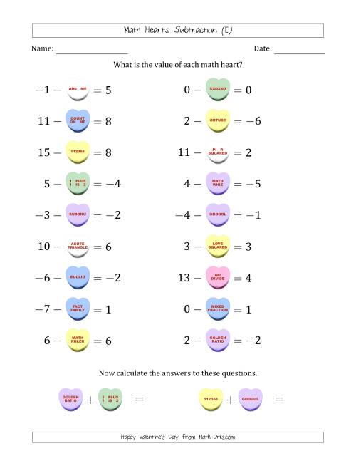 The Math Hearts Subtraction with Differences from -9 to 9 and Missing Subtrahends from -9 to 9 (E) Math Worksheet