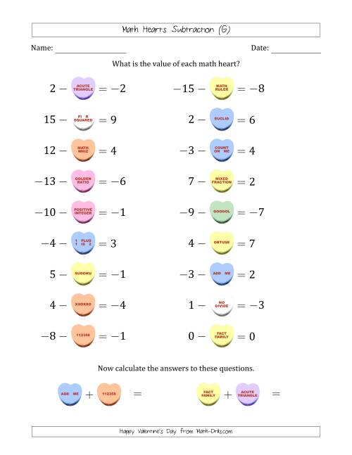 The Math Hearts Subtraction with Differences from -9 to 9 and Missing Subtrahends from -9 to 9 (G) Math Worksheet