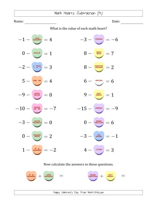 The Math Hearts Subtraction with Differences from -9 to 9 and Missing Subtrahends from -9 to 9 (H) Math Worksheet