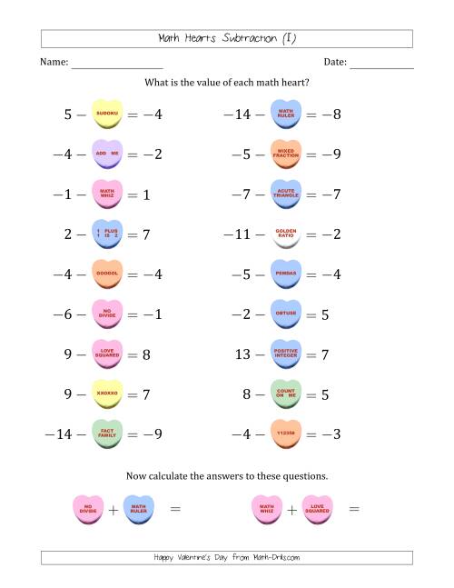 The Math Hearts Subtraction with Differences from -9 to 9 and Missing Subtrahends from -9 to 9 (I) Math Worksheet