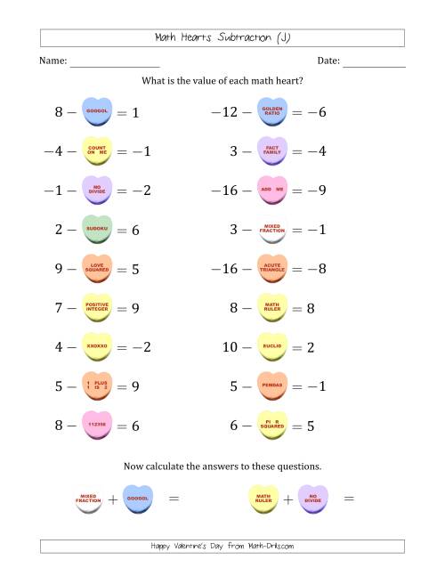 The Math Hearts Subtraction with Differences from -9 to 9 and Missing Subtrahends from -9 to 9 (J) Math Worksheet