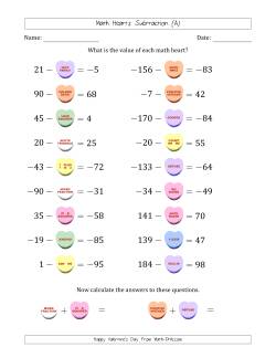 Math Hearts Subtraction with Differences from -99 to 99 and Missing Subtrahends from -99 to 99