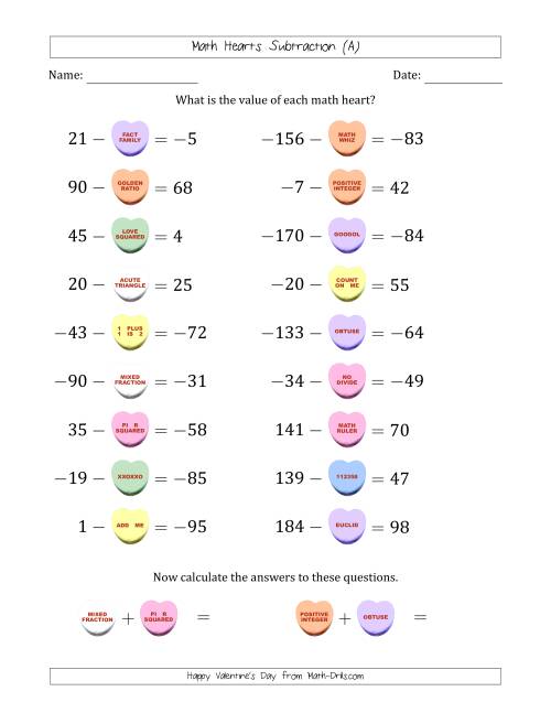 The Math Hearts Subtraction with Differences from -99 to 99 and Missing Subtrahends from -99 to 99 (A) Math Worksheet