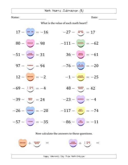 The Math Hearts Subtraction with Differences from -99 to 99 and Missing Subtrahends from -99 to 99 (B) Math Worksheet