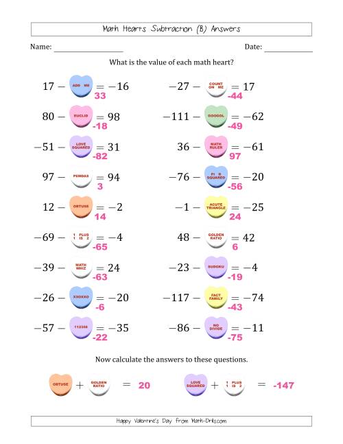 The Math Hearts Subtraction with Differences from -99 to 99 and Missing Subtrahends from -99 to 99 (B) Math Worksheet Page 2