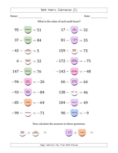 The Math Hearts Subtraction with Differences from -99 to 99 and Missing Subtrahends from -99 to 99 (C) Math Worksheet