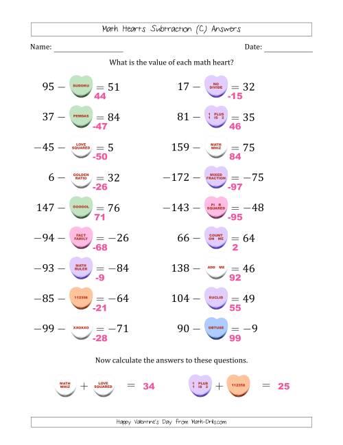 The Math Hearts Subtraction with Differences from -99 to 99 and Missing Subtrahends from -99 to 99 (C) Math Worksheet Page 2