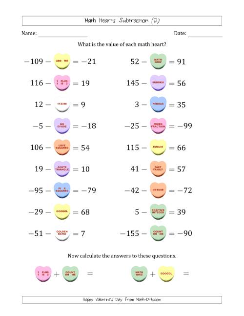 The Math Hearts Subtraction with Differences from -99 to 99 and Missing Subtrahends from -99 to 99 (D) Math Worksheet