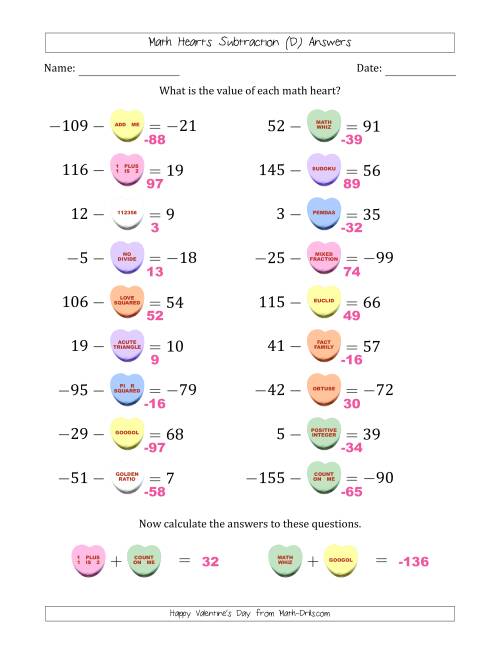 The Math Hearts Subtraction with Differences from -99 to 99 and Missing Subtrahends from -99 to 99 (D) Math Worksheet Page 2