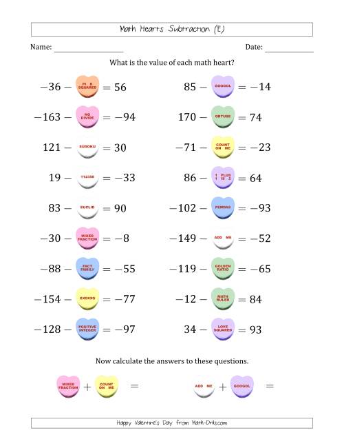 The Math Hearts Subtraction with Differences from -99 to 99 and Missing Subtrahends from -99 to 99 (E) Math Worksheet