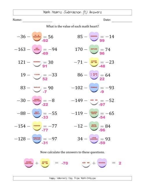 The Math Hearts Subtraction with Differences from -99 to 99 and Missing Subtrahends from -99 to 99 (E) Math Worksheet Page 2