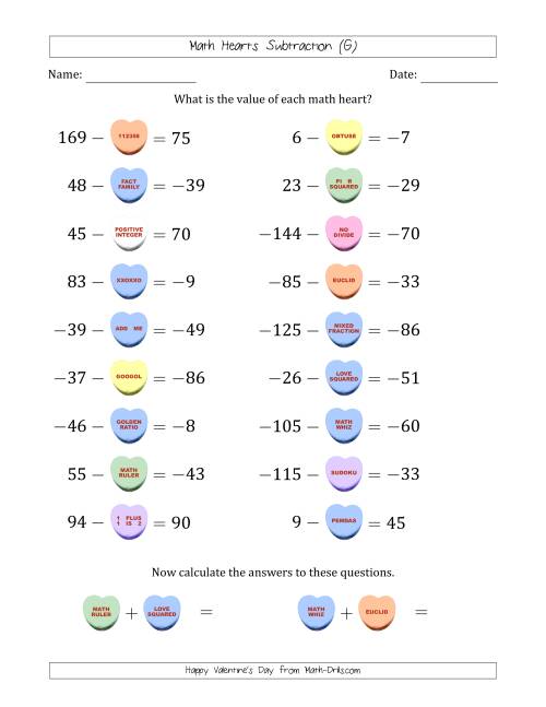 The Math Hearts Subtraction with Differences from -99 to 99 and Missing Subtrahends from -99 to 99 (G) Math Worksheet