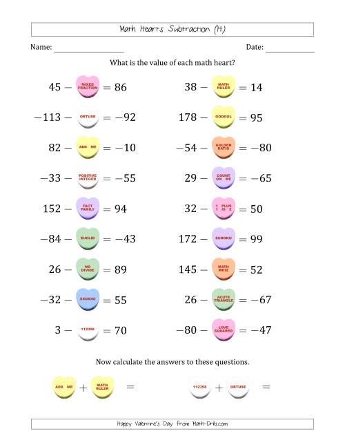 The Math Hearts Subtraction with Differences from -99 to 99 and Missing Subtrahends from -99 to 99 (H) Math Worksheet