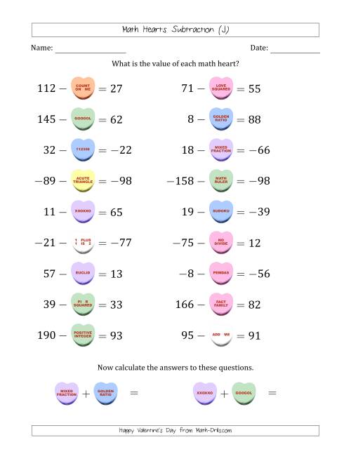 The Math Hearts Subtraction with Differences from -99 to 99 and Missing Subtrahends from -99 to 99 (J) Math Worksheet