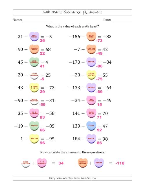 The Math Hearts Subtraction with Differences from -99 to 99 and Missing Subtrahends from -99 to 99 (All) Math Worksheet Page 2