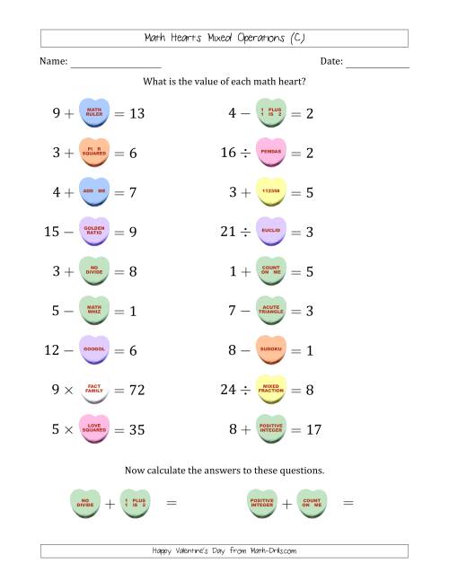 The Math Hearts Mixed Operations with Addends and Differences from 1 to 9, Factors and Quotients from 2 to 9 and Missing Numbers from 1 to 9 (C) Math Worksheet