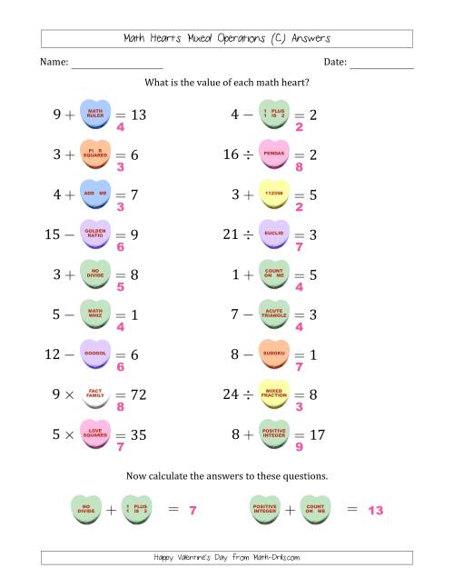 The Math Hearts Mixed Operations with Addends and Differences from 1 to 9, Factors and Quotients from 2 to 9 and Missing Numbers from 1 to 9 (C) Math Worksheet Page 2