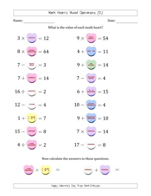 The Math Hearts Mixed Operations with Addends and Differences from 1 to 9, Factors and Quotients from 2 to 9 and Missing Numbers from 1 to 9 (D) Math Worksheet