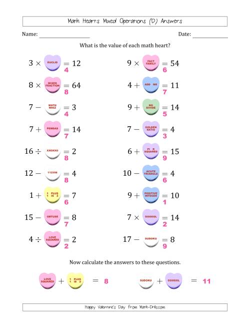 The Math Hearts Mixed Operations with Addends and Differences from 1 to 9, Factors and Quotients from 2 to 9 and Missing Numbers from 1 to 9 (D) Math Worksheet Page 2