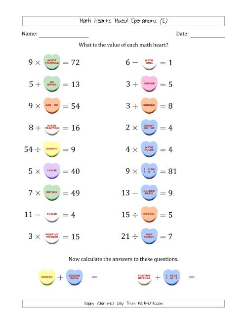 The Math Hearts Mixed Operations with Addends and Differences from 1 to 9, Factors and Quotients from 2 to 9 and Missing Numbers from 1 to 9 (E) Math Worksheet