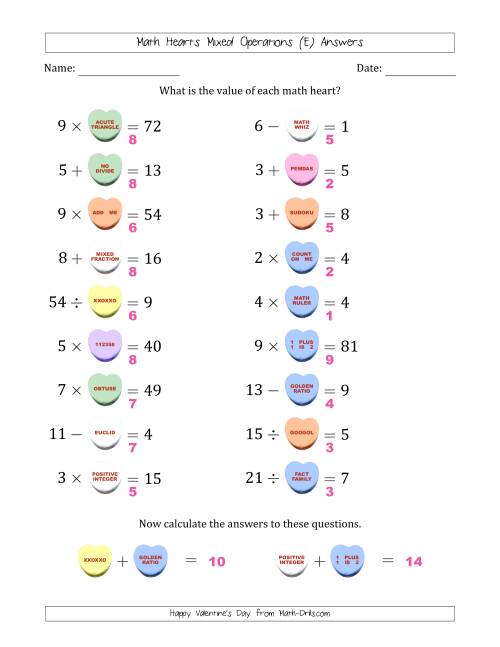 The Math Hearts Mixed Operations with Addends and Differences from 1 to 9, Factors and Quotients from 2 to 9 and Missing Numbers from 1 to 9 (E) Math Worksheet Page 2