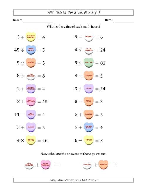The Math Hearts Mixed Operations with Addends and Differences from 1 to 9, Factors and Quotients from 2 to 9 and Missing Numbers from 1 to 9 (F) Math Worksheet