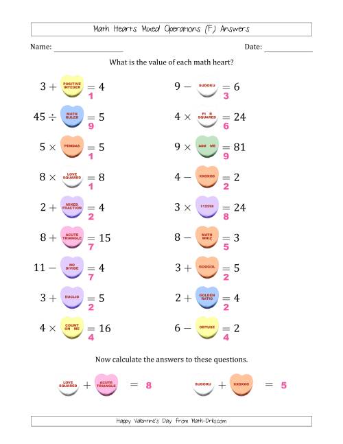 The Math Hearts Mixed Operations with Addends and Differences from 1 to 9, Factors and Quotients from 2 to 9 and Missing Numbers from 1 to 9 (F) Math Worksheet Page 2