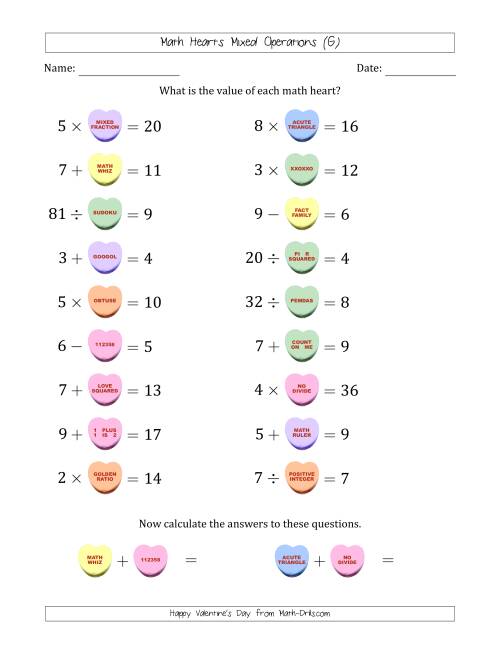 The Math Hearts Mixed Operations with Addends and Differences from 1 to 9, Factors and Quotients from 2 to 9 and Missing Numbers from 1 to 9 (G) Math Worksheet