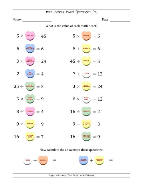The Math Hearts Mixed Operations with Addends and Differences from 1 to 9, Factors and Quotients from 2 to 9 and Missing Numbers from 1 to 9 (H) Math Worksheet