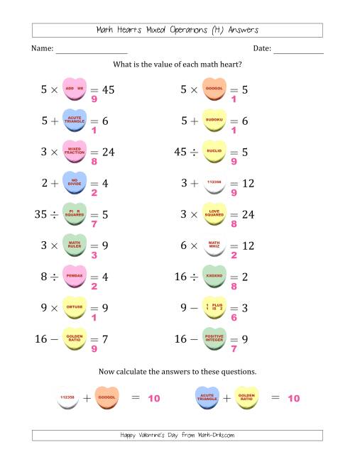 The Math Hearts Mixed Operations with Addends and Differences from 1 to 9, Factors and Quotients from 2 to 9 and Missing Numbers from 1 to 9 (H) Math Worksheet Page 2