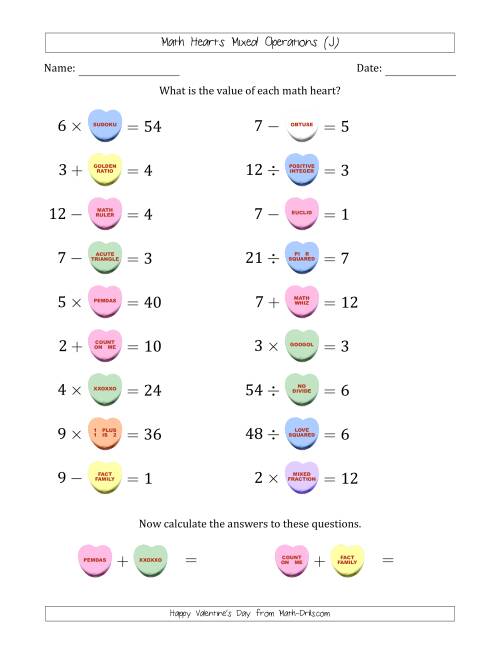 The Math Hearts Mixed Operations with Addends and Differences from 1 to 9, Factors and Quotients from 2 to 9 and Missing Numbers from 1 to 9 (J) Math Worksheet