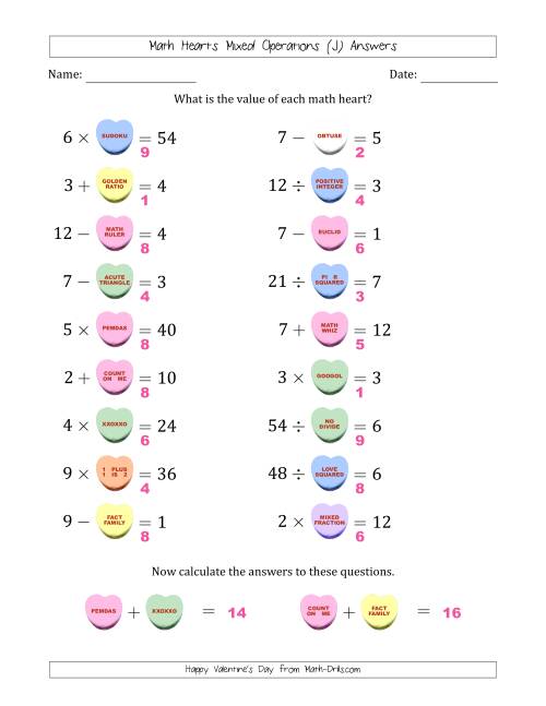 The Math Hearts Mixed Operations with Addends and Differences from 1 to 9, Factors and Quotients from 2 to 9 and Missing Numbers from 1 to 9 (J) Math Worksheet Page 2