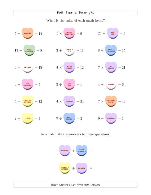 The Math Hearts 1-Digit Mixed Operations with a Missing Number (Old) Math Worksheet