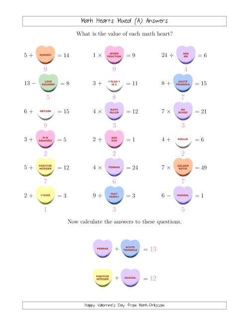 The Math Hearts 1-Digit Mixed Operations with a Missing Number (Old) Math Worksheet Page 2