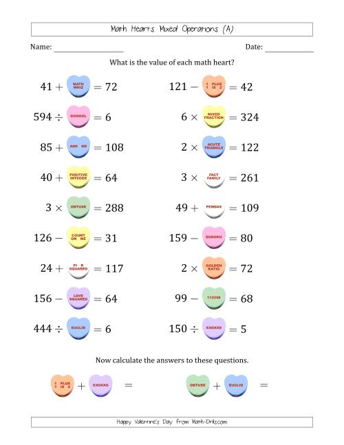 The Math Hearts Mixed Operations with Addends and Differences from 10 to 99, Factors and Quotients from 2 to 9 and Missing Numbers from 10 to 99 (A) Math Worksheet