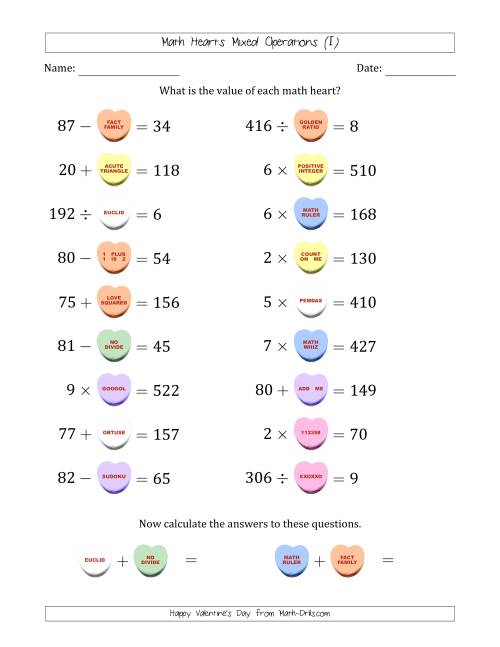 The Math Hearts Mixed Operations with Addends and Differences from 10 to 99, Factors and Quotients from 2 to 9 and Missing Numbers from 10 to 99 (I) Math Worksheet