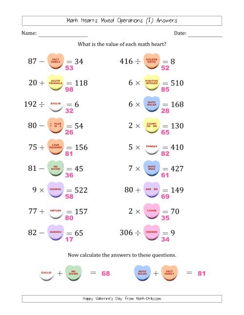 The Math Hearts Mixed Operations with Addends and Differences from 10 to 99, Factors and Quotients from 2 to 9 and Missing Numbers from 10 to 99 (I) Math Worksheet Page 2