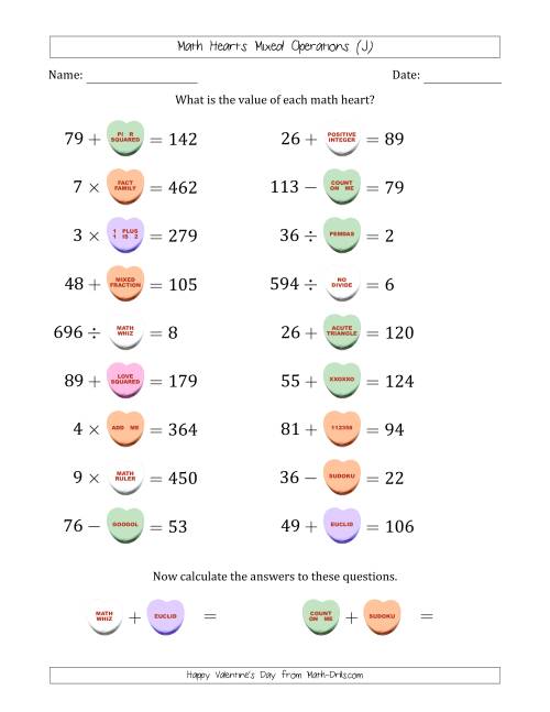 The Math Hearts Mixed Operations with Addends and Differences from 10 to 99, Factors and Quotients from 2 to 9 and Missing Numbers from 10 to 99 (J) Math Worksheet