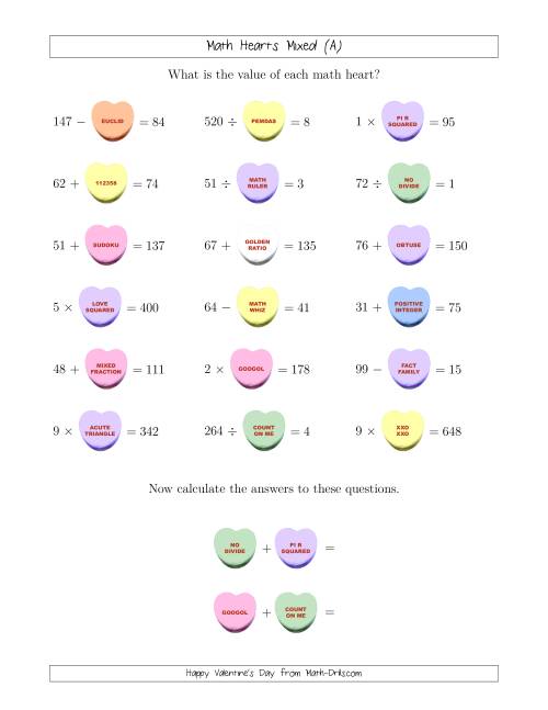 The Math Hearts 2-Digit Mixed Operations with a Missing Number (Old) Math Worksheet