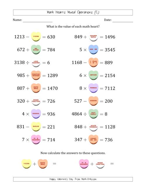 The Math Hearts Mixed Operations with Addends and Differences from 100 to 999, Factors and Quotients from 2 to 9 and Missing Numbers from 100 to 999 (C) Math Worksheet