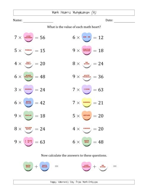 The Math Hearts Multiplication with Factors from 2 to 9 and Missing Factors from 2 to 9 (A) Math Worksheet