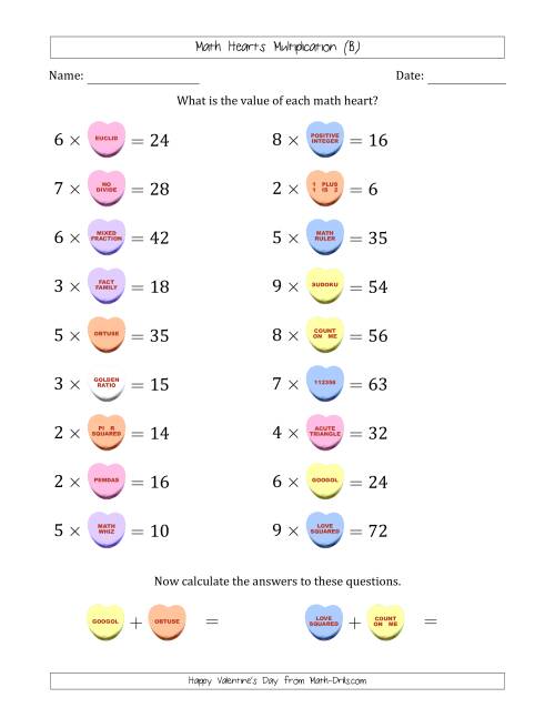 The Math Hearts Multiplication with Factors from 2 to 9 and Missing Factors from 2 to 9 (B) Math Worksheet