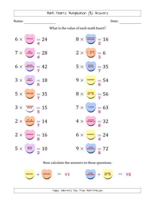 The Math Hearts Multiplication with Factors from 2 to 9 and Missing Factors from 2 to 9 (B) Math Worksheet Page 2