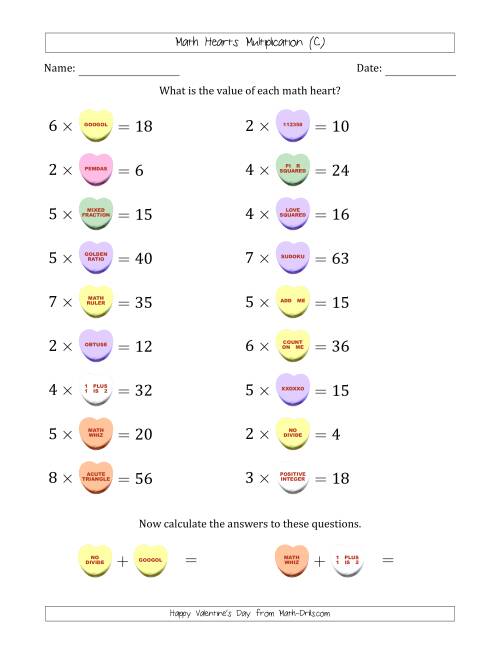 The Math Hearts Multiplication with Factors from 2 to 9 and Missing Factors from 2 to 9 (C) Math Worksheet