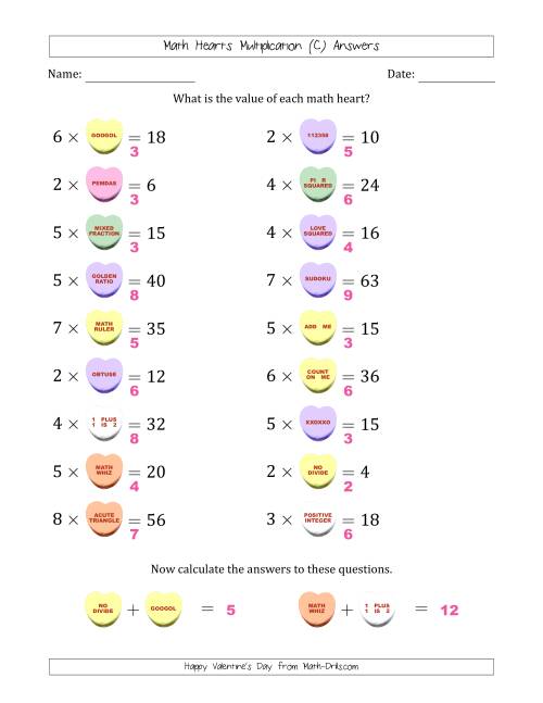 The Math Hearts Multiplication with Factors from 2 to 9 and Missing Factors from 2 to 9 (C) Math Worksheet Page 2