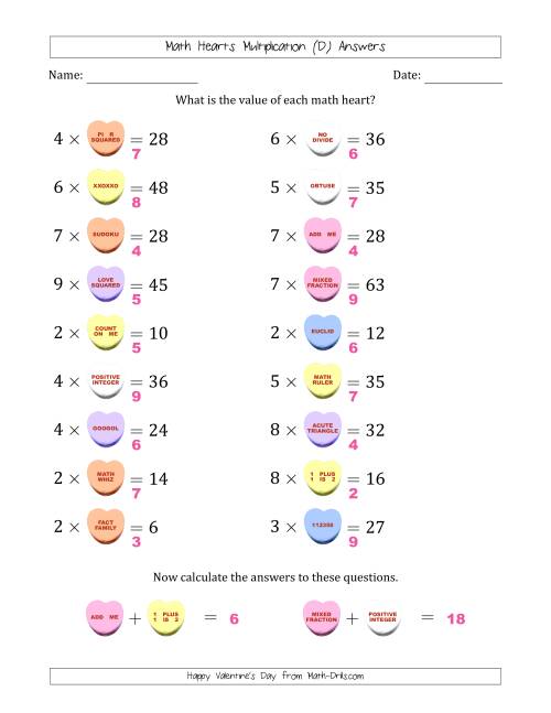 The Math Hearts Multiplication with Factors from 2 to 9 and Missing Factors from 2 to 9 (D) Math Worksheet Page 2