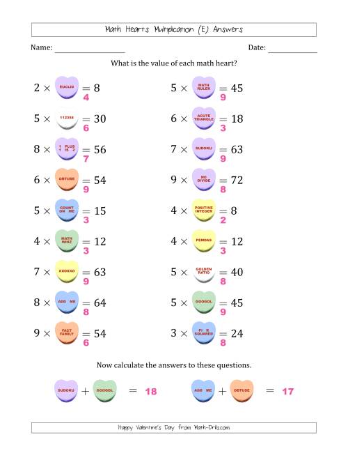 The Math Hearts Multiplication with Factors from 2 to 9 and Missing Factors from 2 to 9 (E) Math Worksheet Page 2